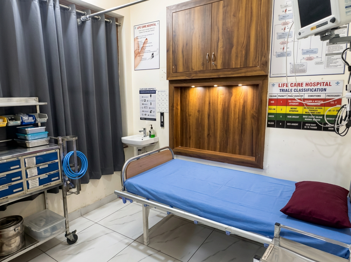 Emergency Room at Life Care Multispeciality Hospital with triage classification chart, patient bed, and vital signs monitor
