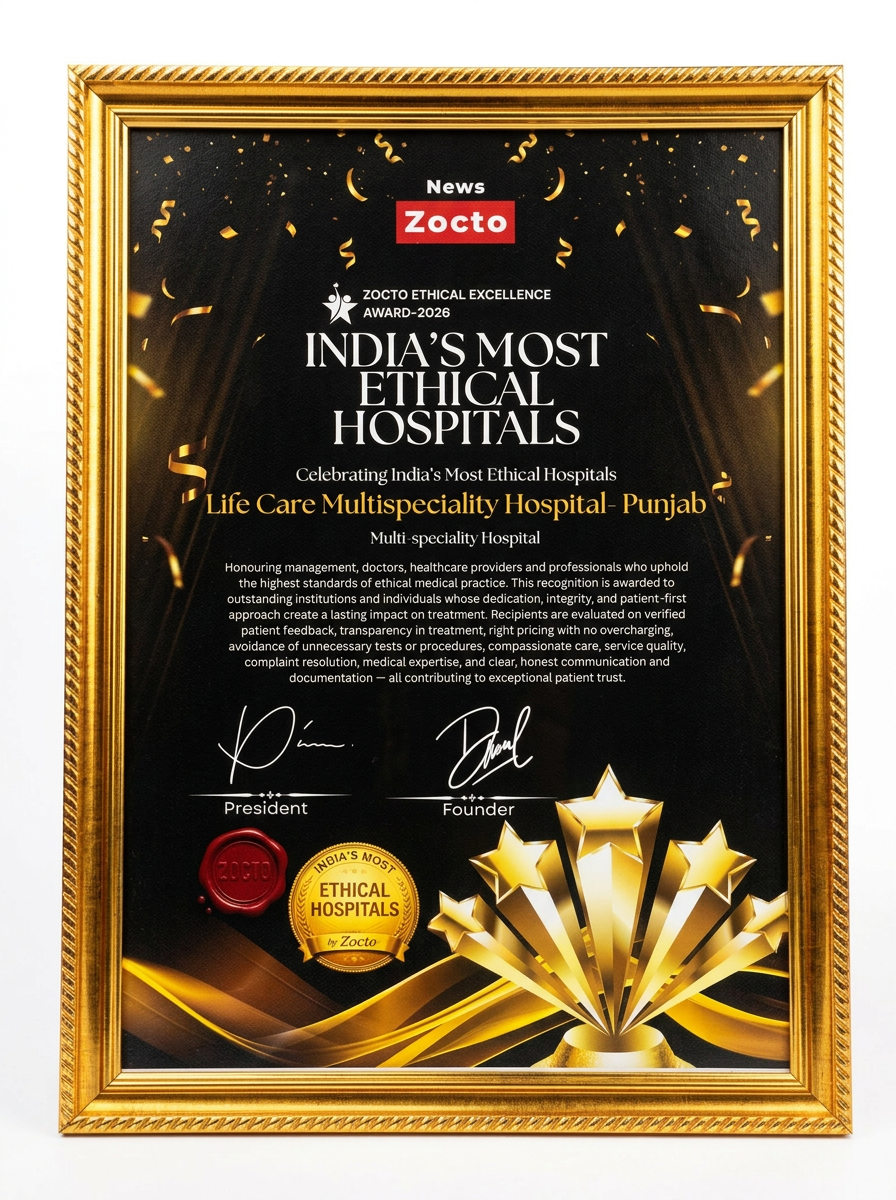 India's Most Ethical Hospitals award presented to Life Care Multispeciality Hospital by Zocto News